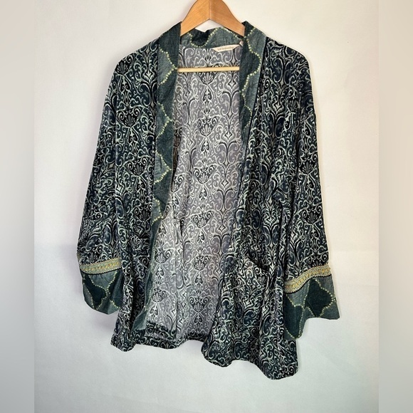 Soft Surroundings Open Jacket Womens Large Blue Brocade Velour Cardigan w Trim - Picture 1 of 6